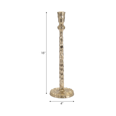 METAL, 15" HAMMERED TAPER CANDLEHOLDER, GOLD