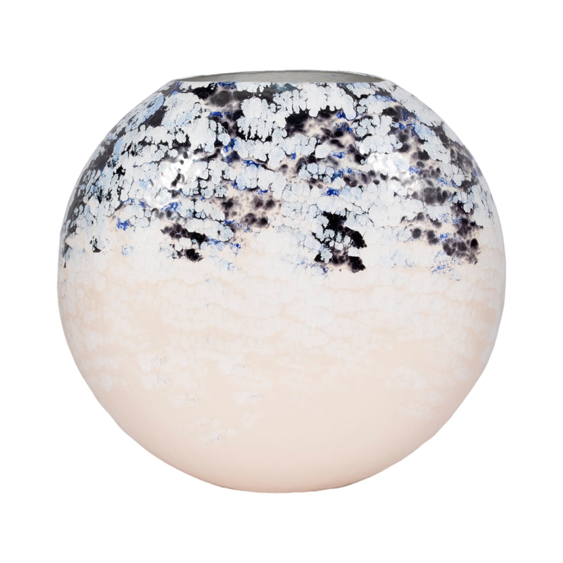 21" Round Metal Vase Arctic Finish, White/blue