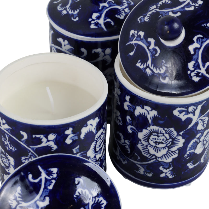 Cer, 6" 8oz Chinoiserie Scntd Candle W/lid,blu/wht