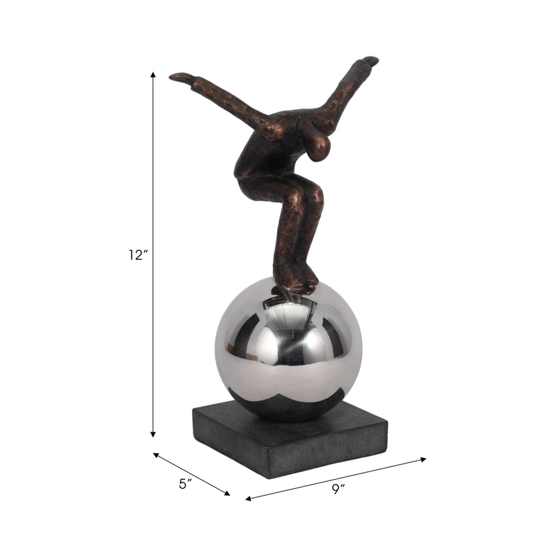 METAL 12" BALANCING MAN ON SPHERE, BRONZE