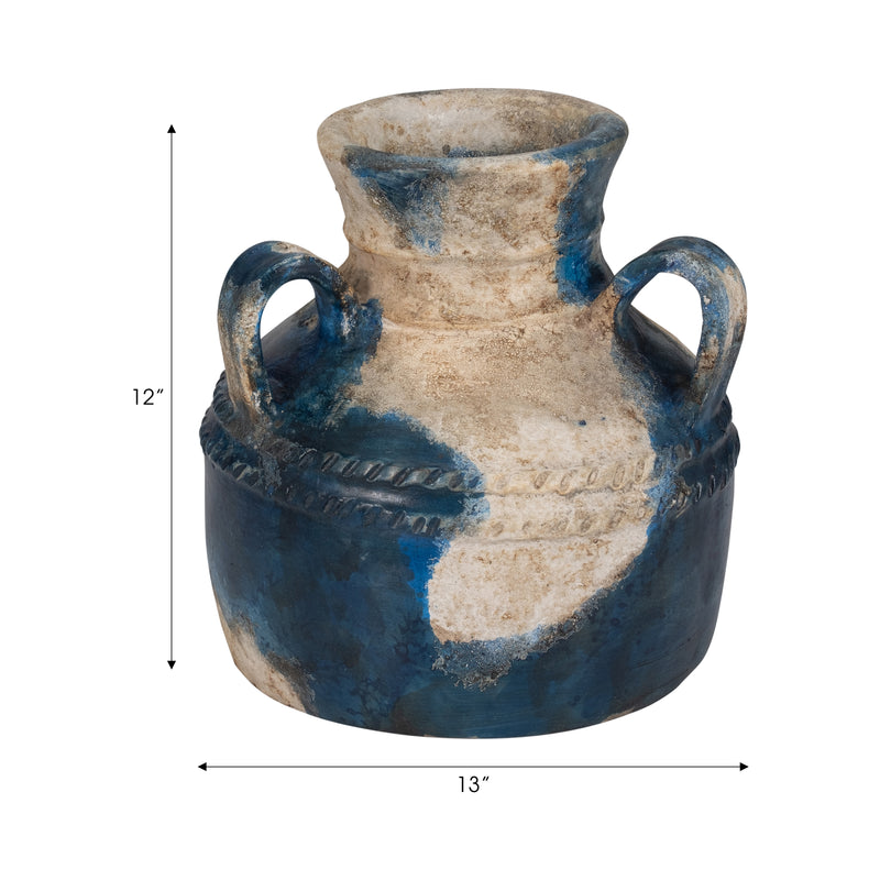 Terracotta, 12" Triple Handle Jug, Blue/ivory