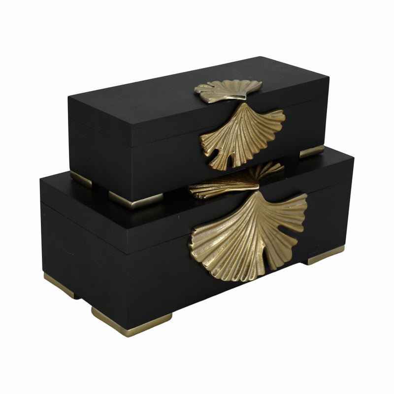 Metal, S/2 12/14" Black Gingko Boxes