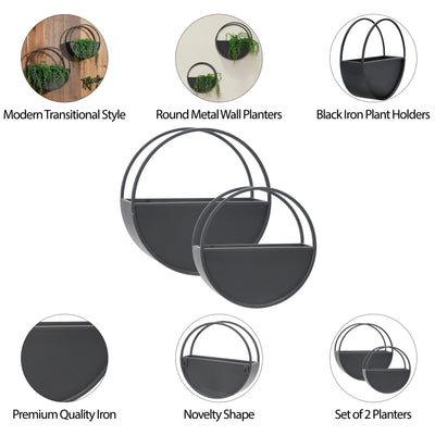 S/2 METAL 9/12" ROUND WALL PLANTERS, BLACK