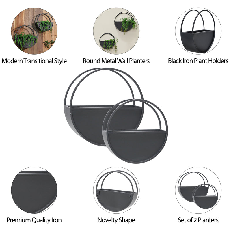 S/2 METAL 9/12" ROUND WALL PLANTERS, BLACK