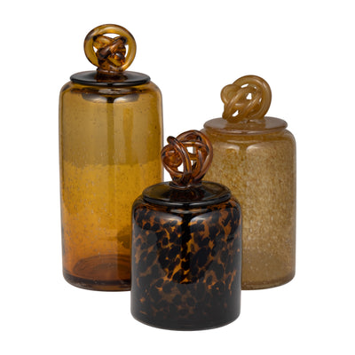 GLASS, 12" JAR W/ KNOT LID DARK AMBER