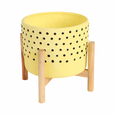 8" DOTTED PLANTER W/ WOOD STAND, YELLOW