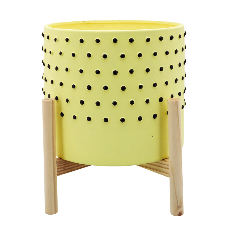 10" DOTTED PLANTER W/ WOOD STAND, YELLOW