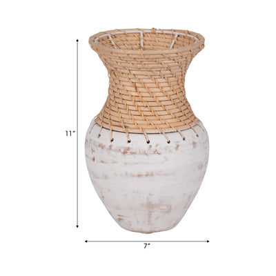 CLAY, 11" VASE WITH WOVEN TOP, WHITE/NATURAL