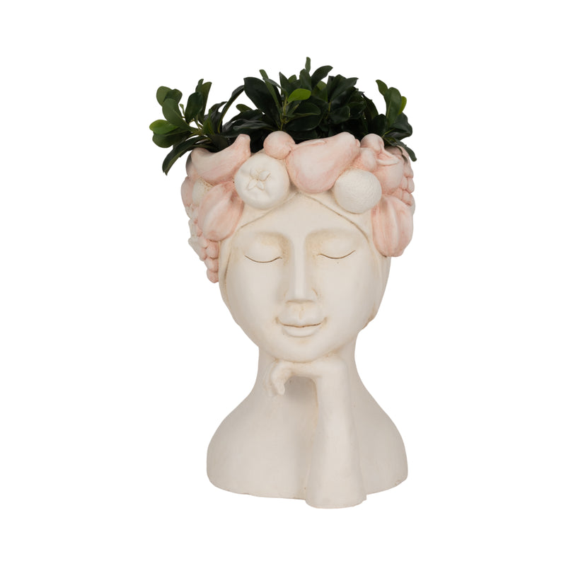 18" Lady With Flower Crown Planter, White/pink