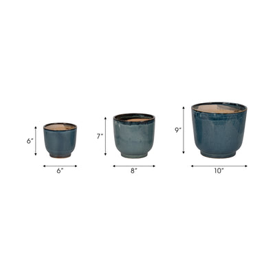 S/3 6/8/10" Reactive Finish Planters, Blue