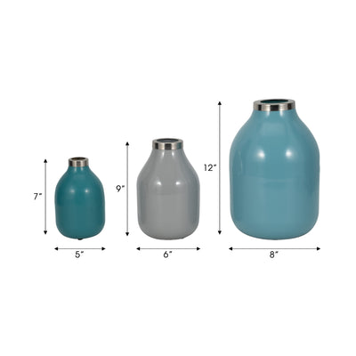 S/3 7/9/12" Jefford Metal Bottle Vases, Blue