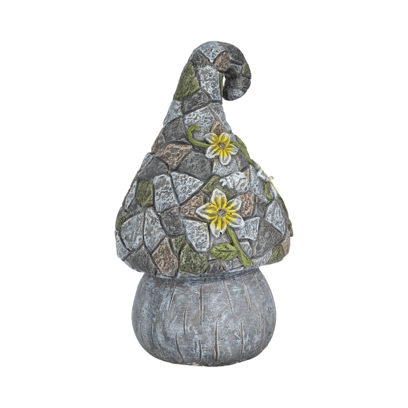 14" Mushroom Statue With Solar Flowers, Grey Multi