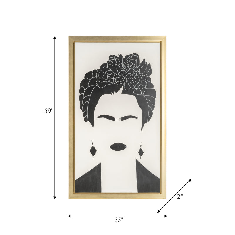 35X59, HAND PAINTED FRIDA PORTRAIT, BLK/WHT