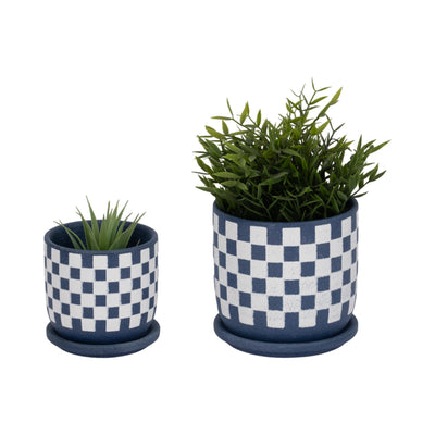 S/2 5/6" Checkerboard Saucer Planters, Blue/white