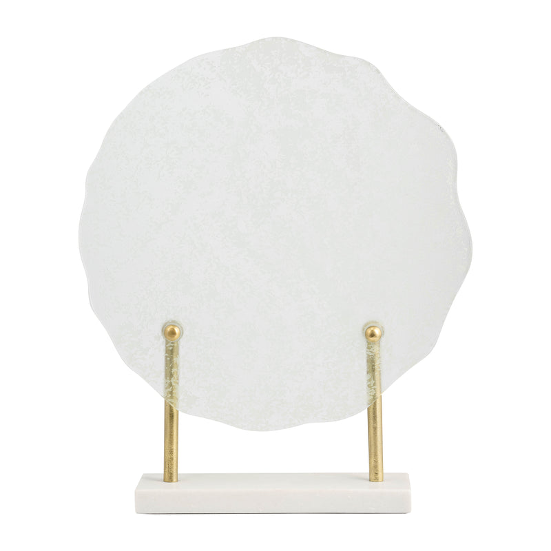 METAL,21"H,SPECKLED GLASS DISC ON MARBLE STAND,WHI