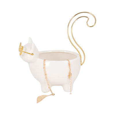 CER, 6" KITTY TRINKET DISH, WHITE/GOLD