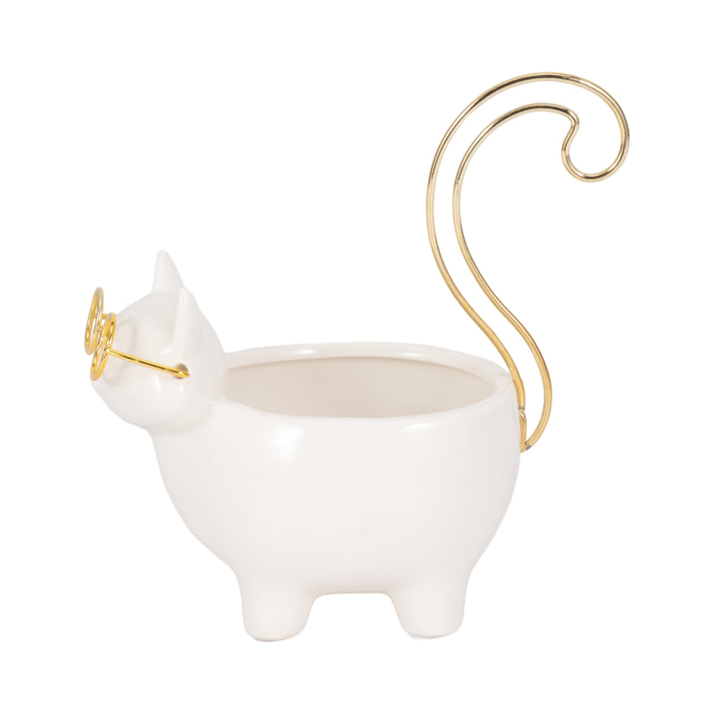 CER, 6" KITTY TRINKET DISH, WHITE/GOLD