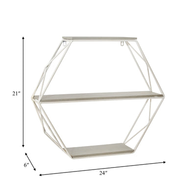 Metal/wood 3 Tier Hexagon Wall Shelf, Gray/white