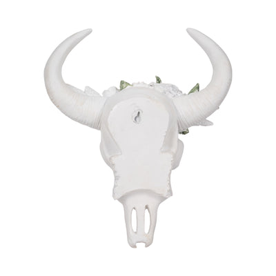 13" Bull Skull With White Flowers, White