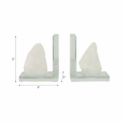 GLASS, S/2 5"H BOOKENDS WITH WHITE STONE, CLEAR