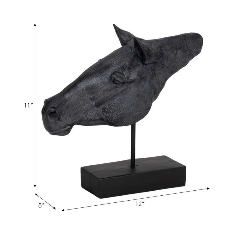 11" Horse Head Sculpture On Stand, Black