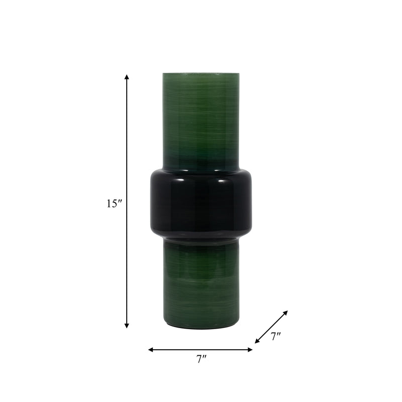 GLASS, 15" MODERN CYLINDER VASE, GREEN