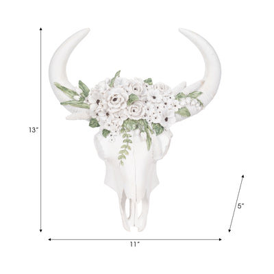 13" Bull Skull With White Flowers, White