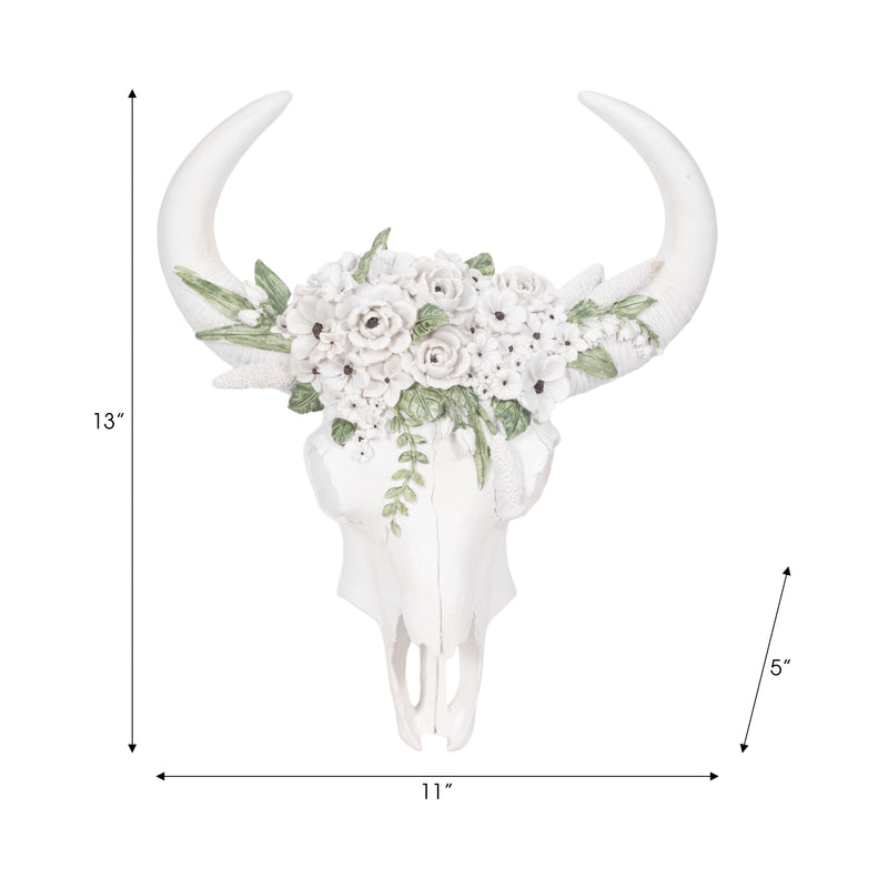 13" Bull Skull With White Flowers, White