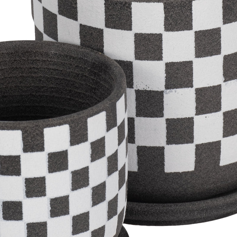 S/2 5/6" Checkerboard Saucer Planters, Black/white