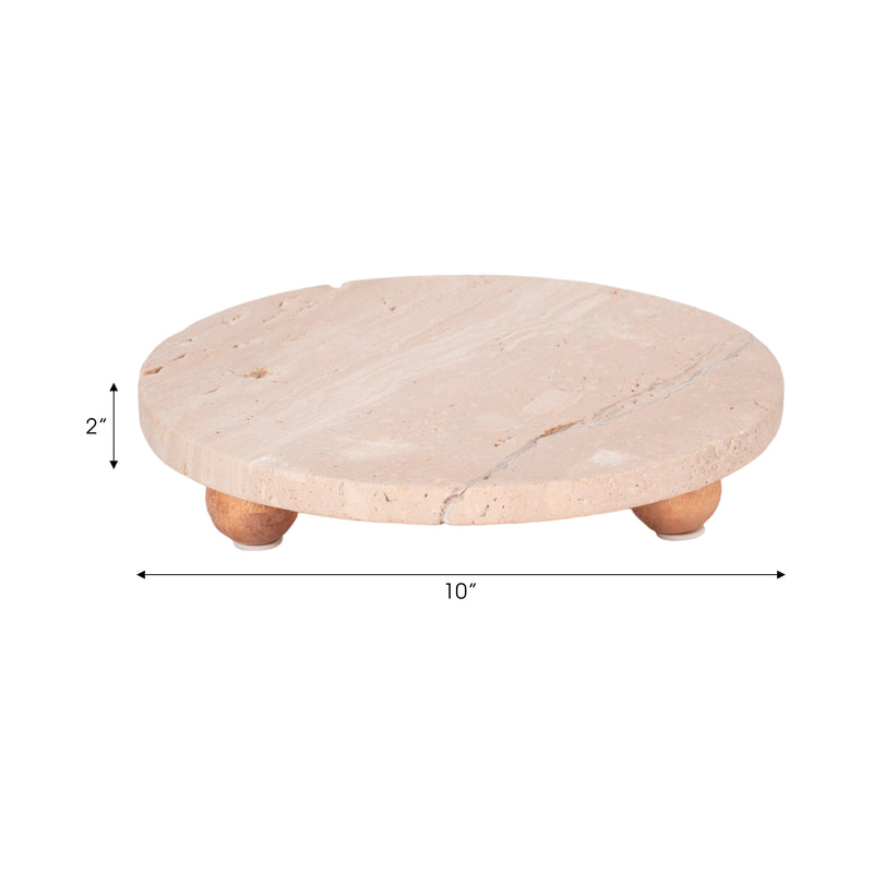 10" Travertine Tray On Wood Ball Feet, Tan