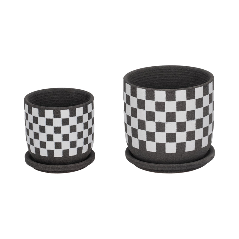 S/2 5/6" Checkerboard Saucer Planters, Black/white