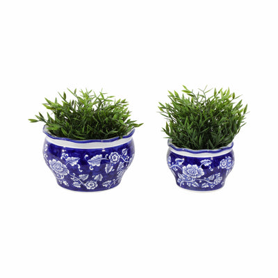 Cer, S/2 6/8" Round Chinoisere Planters, Blue/wht