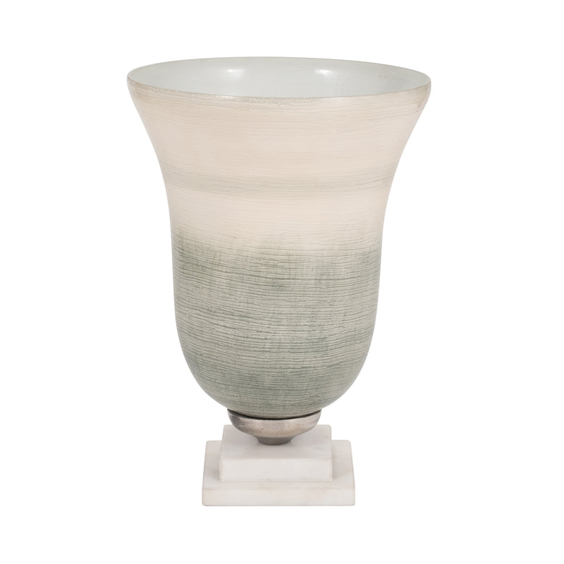 GLASS, 12" VASE ON MARBLE BASE, SAGE/IVORY KD