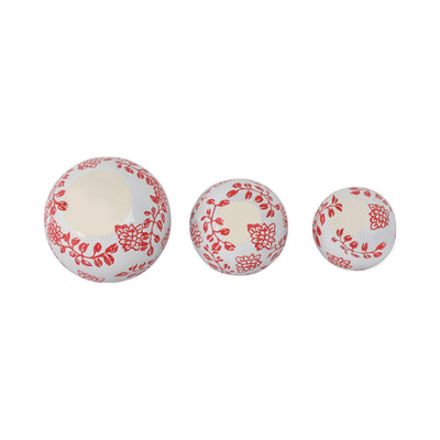 CER, S/3 FERN FLOWER ORBS, 4/5/6" WHITE/RED