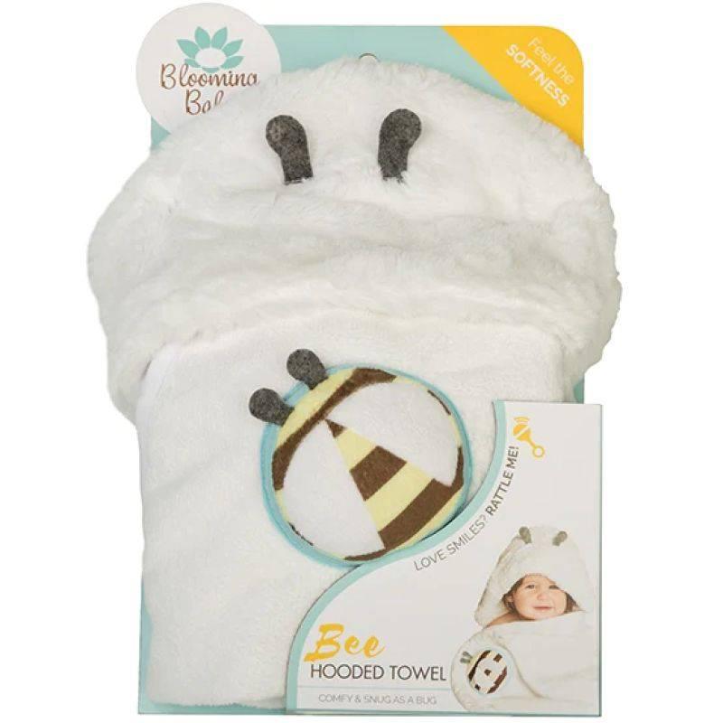 Blooming Bath Hooded Baby Towel With Attached Rattle - Plush, Washer & Dryer Safe Swaddle Towel - Unisex - Bee