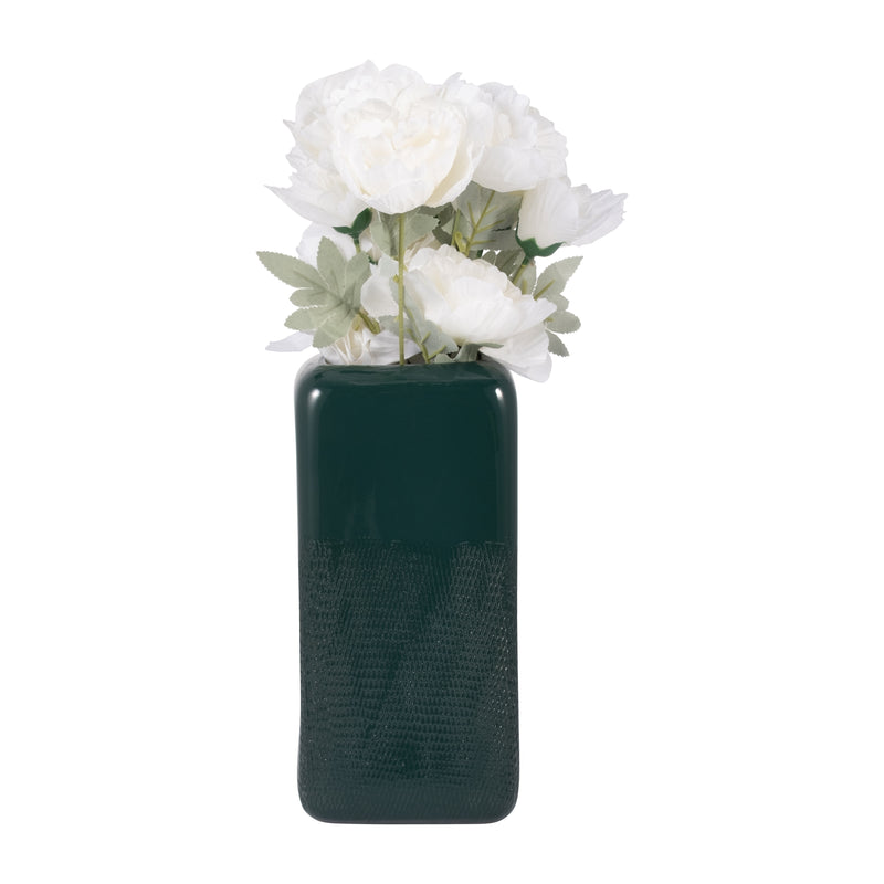 CER, 12" SQUARED GROOVED VASE, FOREST GREEN