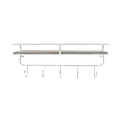 METAL/WOOD 20" 5  HOOK WALL SHELF, WHITE/GRAY