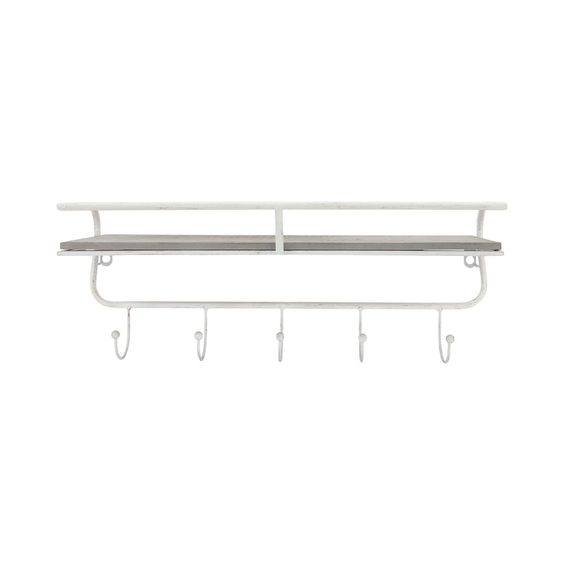 METAL/WOOD 20" 5  HOOK WALL SHELF, WHITE/GRAY