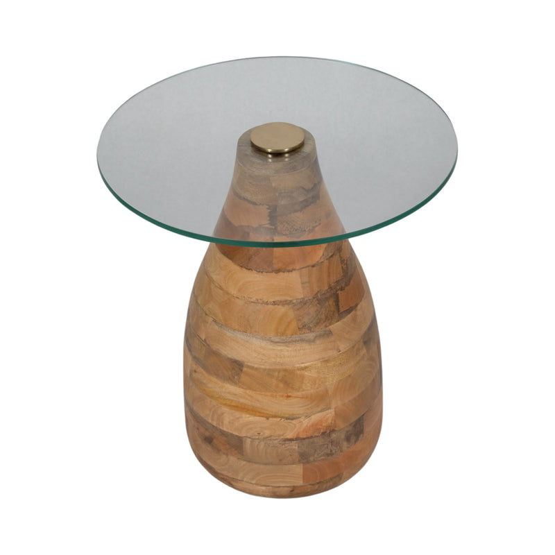 20" Striped Wood Accent Table With Glass Top, Natu