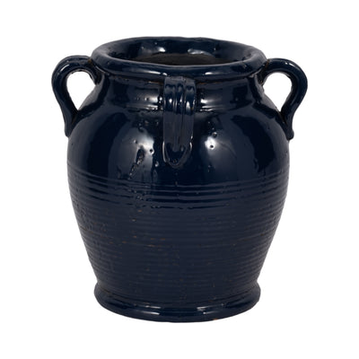 9" Terracotta Vase With Handles, Navy Blue