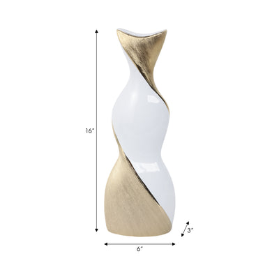 16" TWISTED VASE, WHITE/GOLD