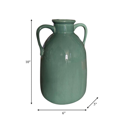 CER, 10"H EARED VASE, DARK SAGE