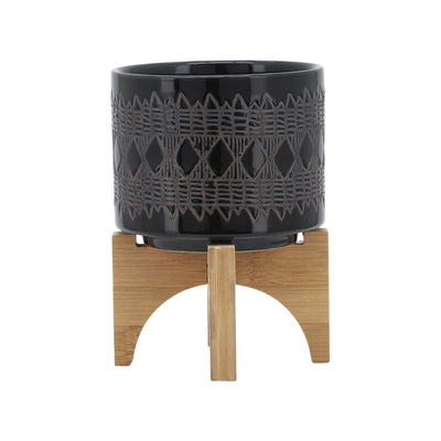 CERAMIC 5" AZTEC PLANTER ON WOODEN STAND, BLACK