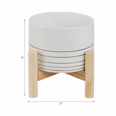 6" CERAMIC METALLIC PLANTER W/ WOOD STAND, WHITE