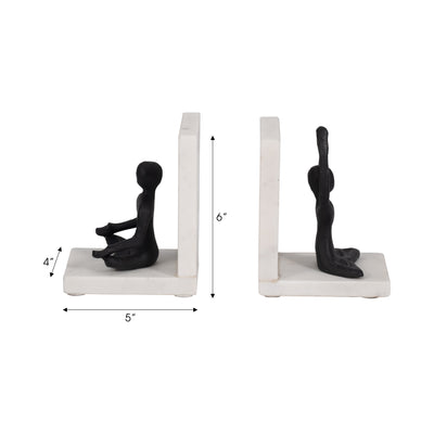 Metal, S/2 6" Yoga Ladies Bookends On Marble, Blk/