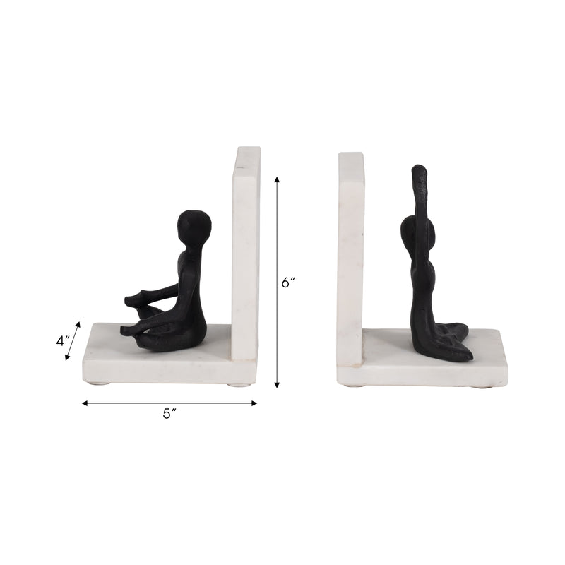 Metal, S/2 6" Yoga Ladies Bookends On Marble, Blk/