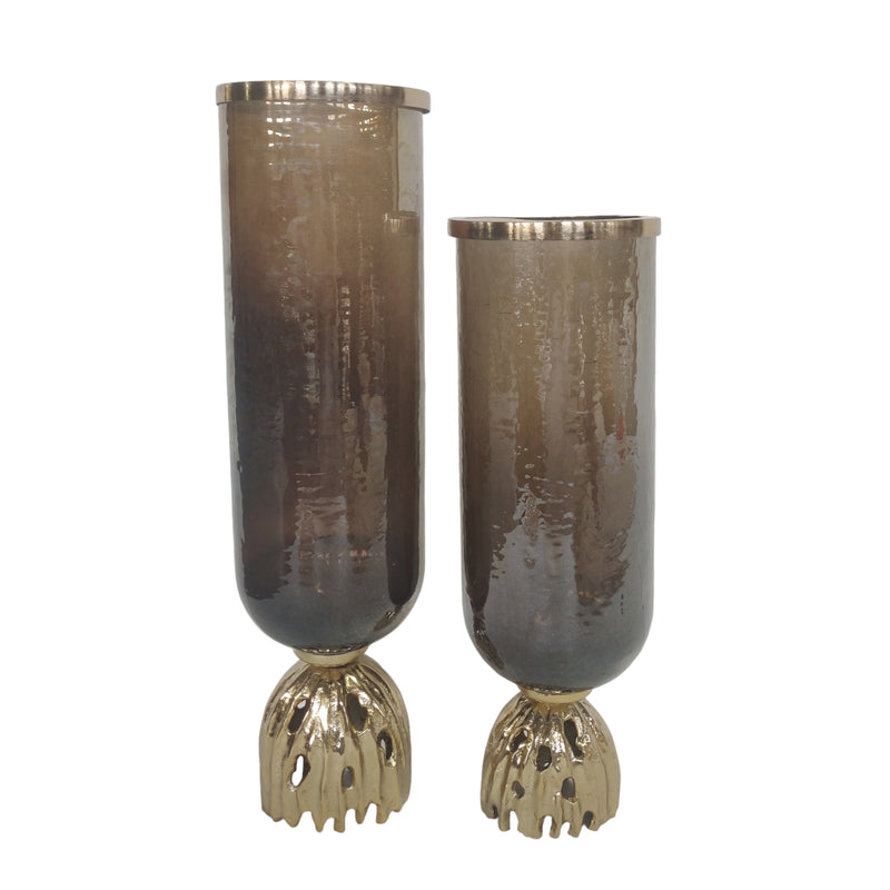 S/2 20/23"oattan Glass Hurricanes, Brwn/gld