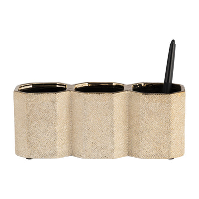 CERAMIC 4" 3-CUP PENCIL HOLDER, CHAMPAGNE