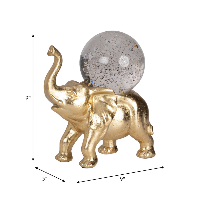 RESIN, 9" ELEPHANT W/ CRYSTAL BALL, GOLD