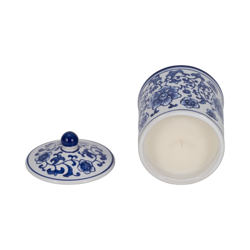 Cer, 6" 8oz Chinoiserie Scntd Candle W/lid,wht/blu